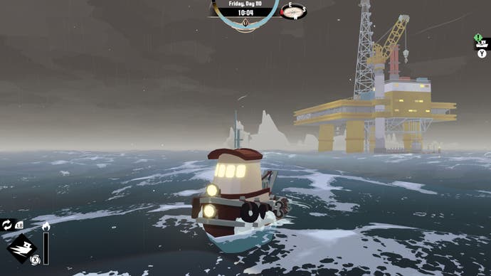 A ships sails away from an oil rig in Dredge's The Iron Rig DLC