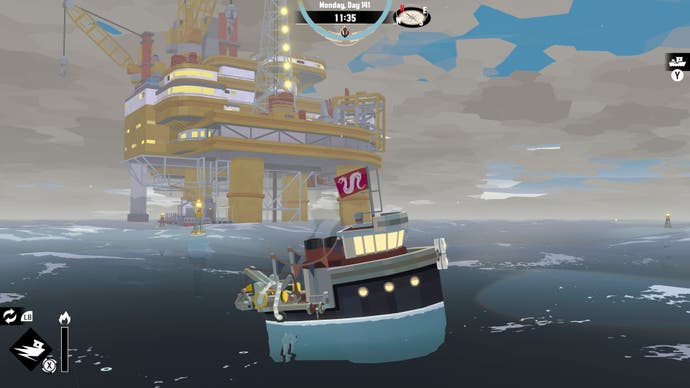 A ship sails away from a large rig in Dredge's The Iron Rig DLC