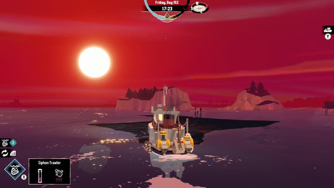 A ship sails into a thick black ooze at sunset in Dredge's The Iron Rig DLC