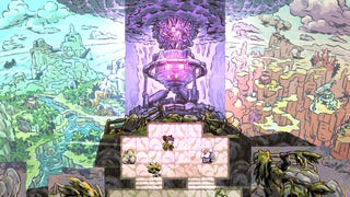 Arranger screenshot showing the character on a mountaintop ahead of three vistas tinted green, purple, and orange, montaged vertically in the background.