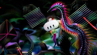 A Thrasher screenshot showing a multi coloured Eel swimming through a psychedelic space scene.