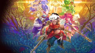 The characters from Visions of Mana stand in a group in front of a colourful background.