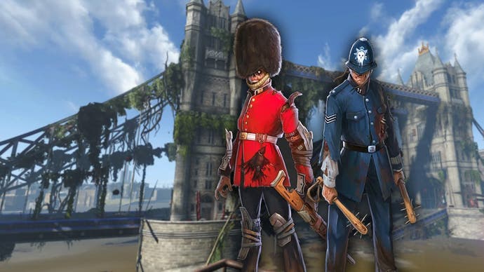 Two Fallout ghouls dressed like an english policeman and a member of the Queen's Guard stand in front of a ruined London Bridge.