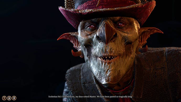 A close-up of the demonic butler Sceleritas Fel in Baldur's Gate 3. He looks like a goblin, but a gnarled and twisted one, gaunt and skeletal.