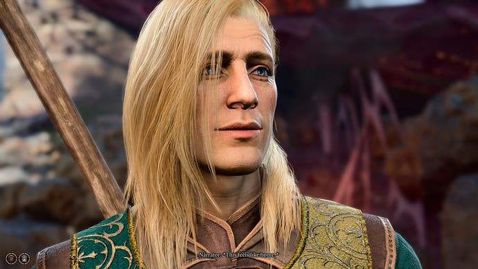 Bertie's very handsome, long-blonde-haired human Paladin in Baldur's Gate 3, at the beginning of their adventure.