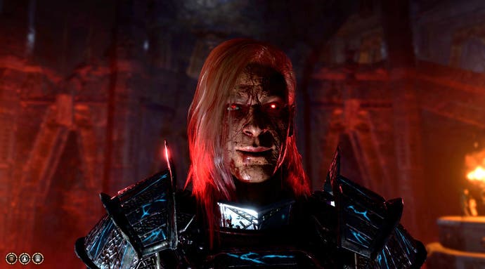 Bertie's messed-up human paladin in Baldur's Gate 3 stares with glowing red eyes at the camera. He's covered in blood and looks thoroughly unpleasant.