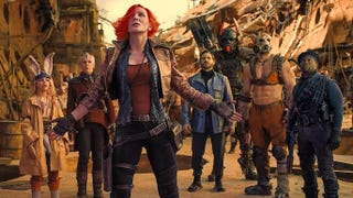 Borderlands film screenshot showing Cate Blanchette as Lilith, Kevin Hart as soldier Roland, Ariana Greenblatt as pre-teen demolitionist Tiny Tina, Florian Munteanu as Tina's bodyguard Krieg and Jamie Lee Curtis as scientist Tannis