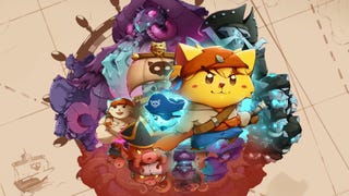 Promotional art for Cat Quest 3 showing a cartoon illustration of its heroes and villains superimposed over an old treasure map.