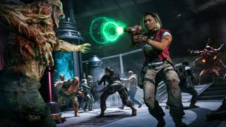 A Call of Duty: Black Ops 6 Zombies mode screenshot showing players battling hordes of the undead in a shadowy research laboratory.