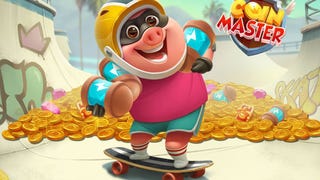 Coin Master artwork, showing the game's cute pig mascot riding a skateboard with a huge pile of coins in the background.