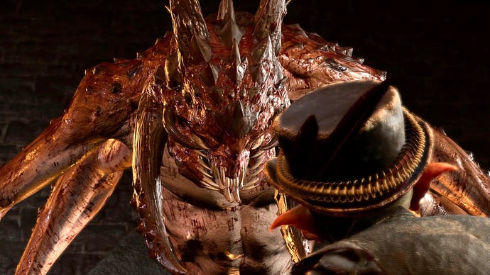 A huge, spiny, tusked, toothed monstrosity faces the camera. Facing it and looking  up from beneath is a small, top-hatted character with pointy ears. It's Baldur's Gate 3's demon butler looking upon the Slayer.