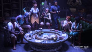 Dragon Age: The Veilguard screenshot showing its seven companion characters relaxing around a table.