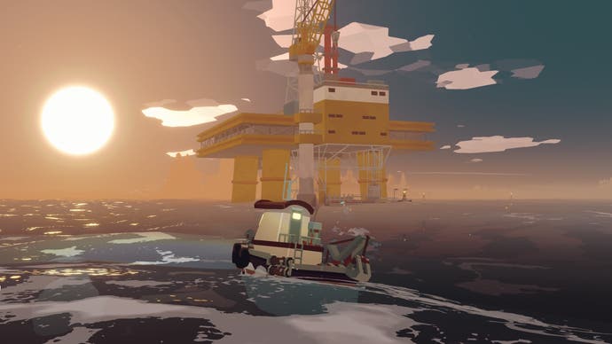 A ship sails toward an iron rig at sunrise in Dredge's The Iron Rig DLC.