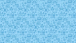 Dark blue icons of video game controllers on a light blue background