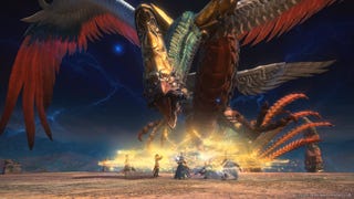 FF14: Dawntrail official image showing a giant bird-like boss being taken down by a group of four tiny players