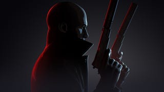 Hitman 3 VR: Reloaded promotional art showing protagonist Agent 47 in profile with two pistols raised in his hands.