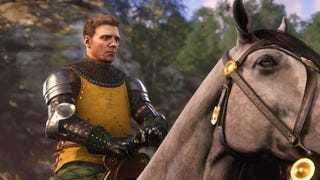 Kingdom Come Deliverance 2 character wears armour, sat on a grey horse.