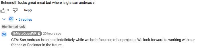 Screenshot of Meta's statement on YT, confirming GTA: San Andreas' VR port is on hold "indefinitely"