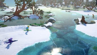 A Lonely Mountains: Snow Riders screenshot showing several skiers approaching a frozen stretch of water.