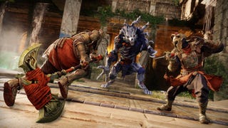 A New World: Aeternum screenshot showing two characters in Ancient Greece-inspired armour charging a monster.