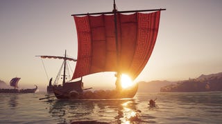 AC Odyssey screenshot of a small sailboard at sea against the setting sun