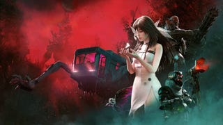 Once Human official artwork showing a woman in a white dress montaged with a bus monster and robot and mutant enemies over red smoke and forests