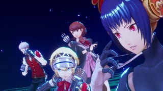 Persona 3 DLC screenshot showing four anime characters celebrating after a battle