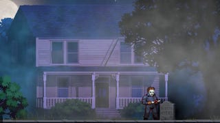 A 16-bit-style screenshot from WayForward's RetroRealms: Halloween showing masked serial killer Michael Myers standing outside the Myers House.