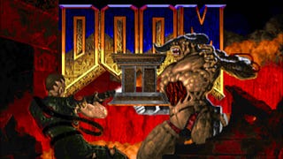 The title screen from Doom 2, with the Doom Slayer fighting a Cyberdemon.