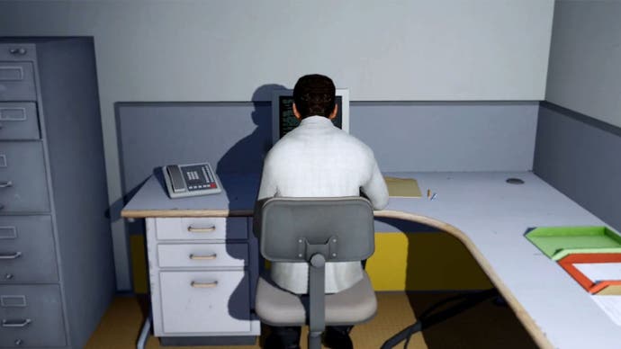 A masculine-looking character, viewed from behind, hunched over a computer in a dark, grey office.