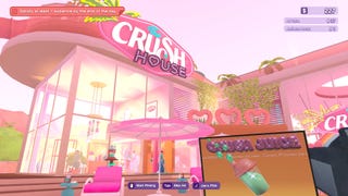 A screenshot of a giant, pink Barbie-style mansion in The Crush House.