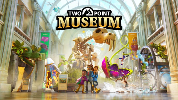 Two Point Museum artwork showing a trio of visitors quaking underneath a giant dinosaur skeleton.