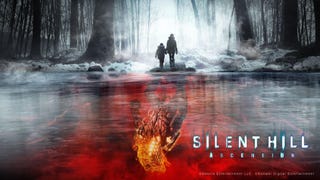 Silent Hill: Ascension key art showing a person and a child walking down a road, holding hands. A monster is reflected on the road behind them