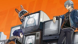 Zenless Zone Zero header image showing a male and female character standing by a number of TVs. A bunny-like creature is peeking over the top